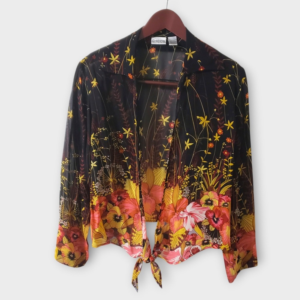 Chico's Silk Chiffon Floral Tie Front Wrap Blouse Sheer Crop Black Mult Size 2 L